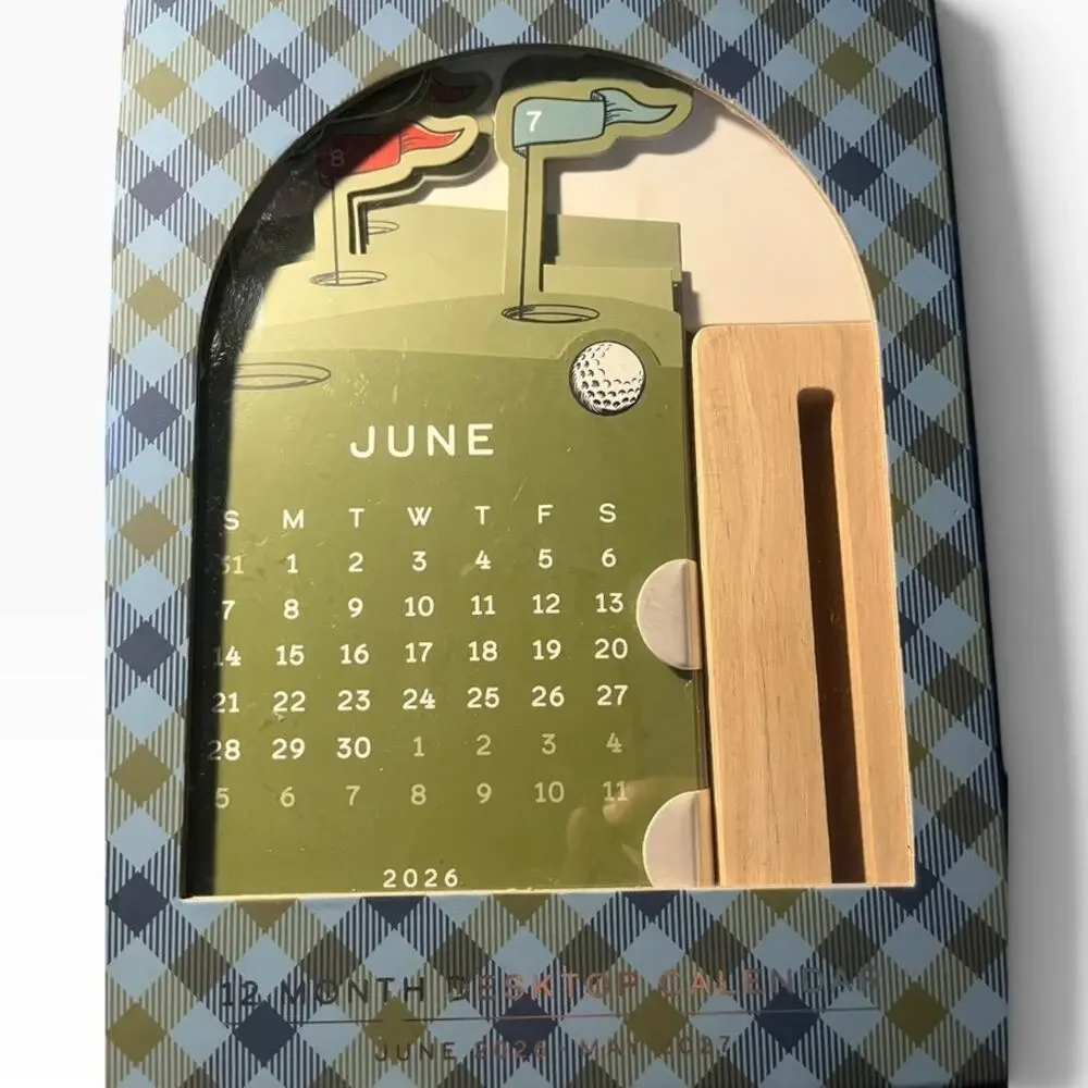 12 Month Golf Desktop Calendar with Wood Stand June 2026 to May 2027 NIB